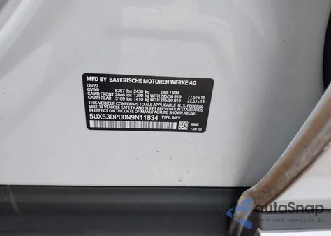 2022 BMW X3 xDrive30I из США, поврежденный, VIN 5UX53DP00N9N11834